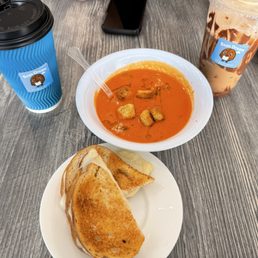 hot mexican mocha, Grilled Cheese, Tomato soup, and iced gansito latte.