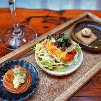 MariPili Tapas Bar - Savory churros with crab, salt cod fritters, monkfish liver mousse on short bread - Spanish Near Me - Seattle, Washington