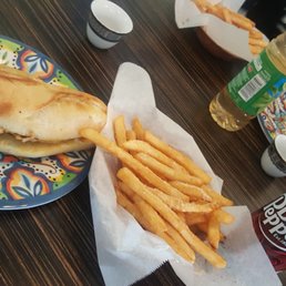 Chicken philly and fries with a shot of Cardomom tea