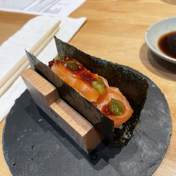 Hello Temaki - salmon w/ crunchy garlic & pickled wasabi - Sushi Bars Near Me - Elk Grove, California