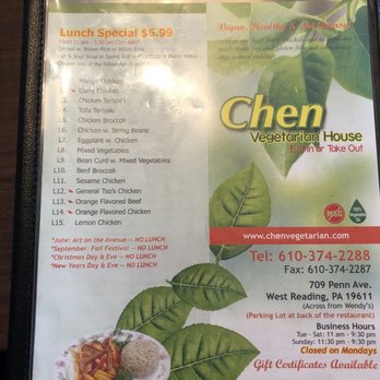 Chen Vegetarian House - Menu - Vegetarian Near Me - West Reading, Pennsylvania