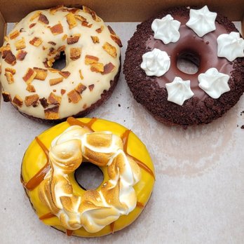 Donut Dynamite - Bacon Maple, Mexican Chocolate and Lilikoi Caramel Meringue Donuts. - Donuts Near Me - Wailuku, Hawaii Donut Dynamite - Bacon Maple, Mexican Chocolate and Lilikoi Caramel Meringue Donuts. - Donuts Near Me - Wailuku, Hawaii
