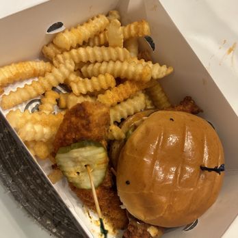 Houston TX Hot Chicken - Hot chicken sandwich with additional chicken strip and fries - Chicken Shop Near Me - Meridian, Idaho