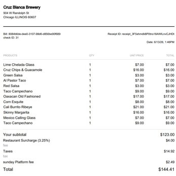 Cruz Blanca Brewery - 2026-6-13 Receipt - Mexican Near Me - Chicago, Illinois Cruz Blanca Brewery - 2026-6-13 Receipt - Mexican Near Me - Chicago, Illinois