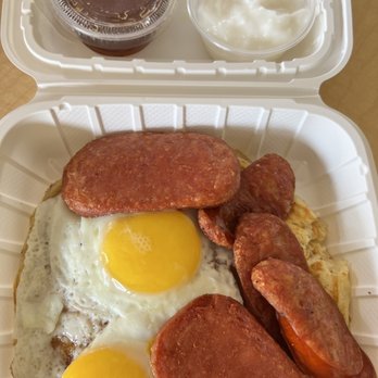 Oki's Box Lunches & Restaurant - Breakfast combo: pancakes, spam, eggs, Portuguese sausage, coconut cream, and maple syrup - Hawaiian Near Me - Lihue, Hawaii