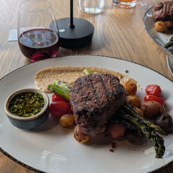 Pecan Craft Kitchen - Filet with asparagus, potatoes, tomatoes, chimichurri dip, and black garlic woosh. - Southern Near Me - St Johns, Florida