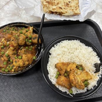 Rasoi Indian Food - Aloo Gobi vegetarian, cauliflower and curry and peas, etc., with rice - Indian Near Me - Menifee, California