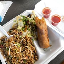 Fried rice, lumpia, vegetable chop suey