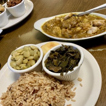 Oley's Kitchen & BBQ - Greens, lima beans, curried chicken, red beans and rice. - Soul Food Near Me - Orlando, Florida Oley's Kitchen & BBQ - Greens, lima beans, curried chicken, red beans and rice. - Soul Food Near Me - Orlando, Florida
