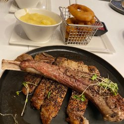 Estreia Restaurant - Classic Steak with creamy Yukon potatoes and beer battered onion rings