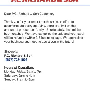 P.C. Richard & Son - This the last email when they canceled the order - Appliances Near Me - New York, New York P.C. Richard & Son - This the last email when they canceled the order - Appliances Near Me - New York, New York
