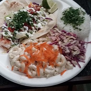 Mahi Taco - Mahi taco plate with slaw, mac salad, and cilantro rice. - Hawaiian Near Me - Portland, Oregon Mahi Taco - Mahi taco plate with slaw, mac salad, and cilantro rice. - Hawaiian Near Me - Portland, Oregon