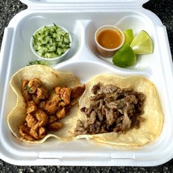 La Pasadita - Two Tacos (Pollo & Asada) with Onions, Cilantro, Lime Wedges and Hot Sauce - Mmm!