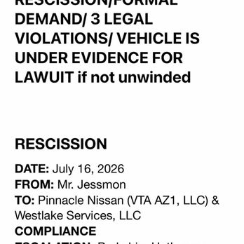 Pinnacle Nissan - Formal demand to unwind contract - Car Dealers Near Me - Scottsdale, Arizona Pinnacle Nissan - Formal demand to unwind contract - Car Dealers Near Me - Scottsdale, Arizona