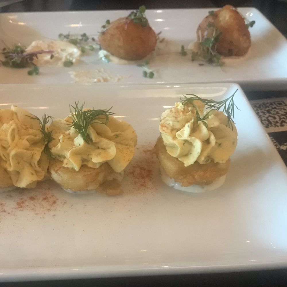 MAX's Wine Dive - Fried Crispy Deviled Eggs SMOKED CHEDDAR & ANDOUILLE SAUSAGE ARANCINI - Wine Bars Near Me - Houston, Texas MAX's Wine Dive - Fried Crispy Deviled Eggs SMOKED CHEDDAR & ANDOUILLE SAUSAGE ARANCINI - Wine Bars Near Me - Houston, Texas