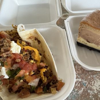 Café Brazil - CB Breakfast Taco & Triple Chocolate Espresso Cheesecake - To Go :-) - Breakfast & Brunch Near Me - Dallas, Texas