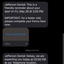 Jefferson Dental & Orthodontics - Telephone - Text chain that's shows they didn't ask for another confirmation