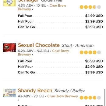 Crue Brew Brewery - Beers on tap - The image shows a digital menu from Untappd featuring a selection of craft beers from Crue Brew Brewery. It lists beers such as Schlager, Sexual Chocolate, Shandy Beach, and The Triangle, including details like alcohol by volume (ABV), IBU, and prices for full and half pours, as well as cans to go. The menu has a yellow header with the Untappd logo and a list format for easy reading. - Breweries Near Me - Raynham, Massachusetts