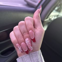 The Rim Nails & Spa - Long coffin shape, red french tip, sugar powder, snowflakes
