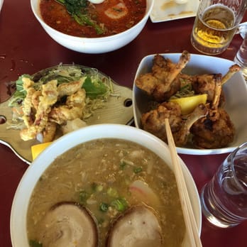 Foo Foo Tei - Dan Dan mien on top, deep fried squid on mid left, deep fried chicken wings on mid right & miso ramen on bottom - Tapas/Small Plates Near Me - Hacienda Heights, California