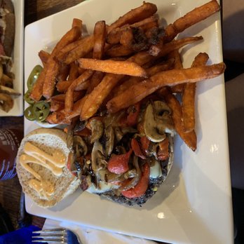 Bluestone - Black Bean Burger with sweet potato fries - American Near Me - Evanston, Illinois Bluestone - Black Bean Burger with sweet potato fries - American Near Me - Evanston, Illinois