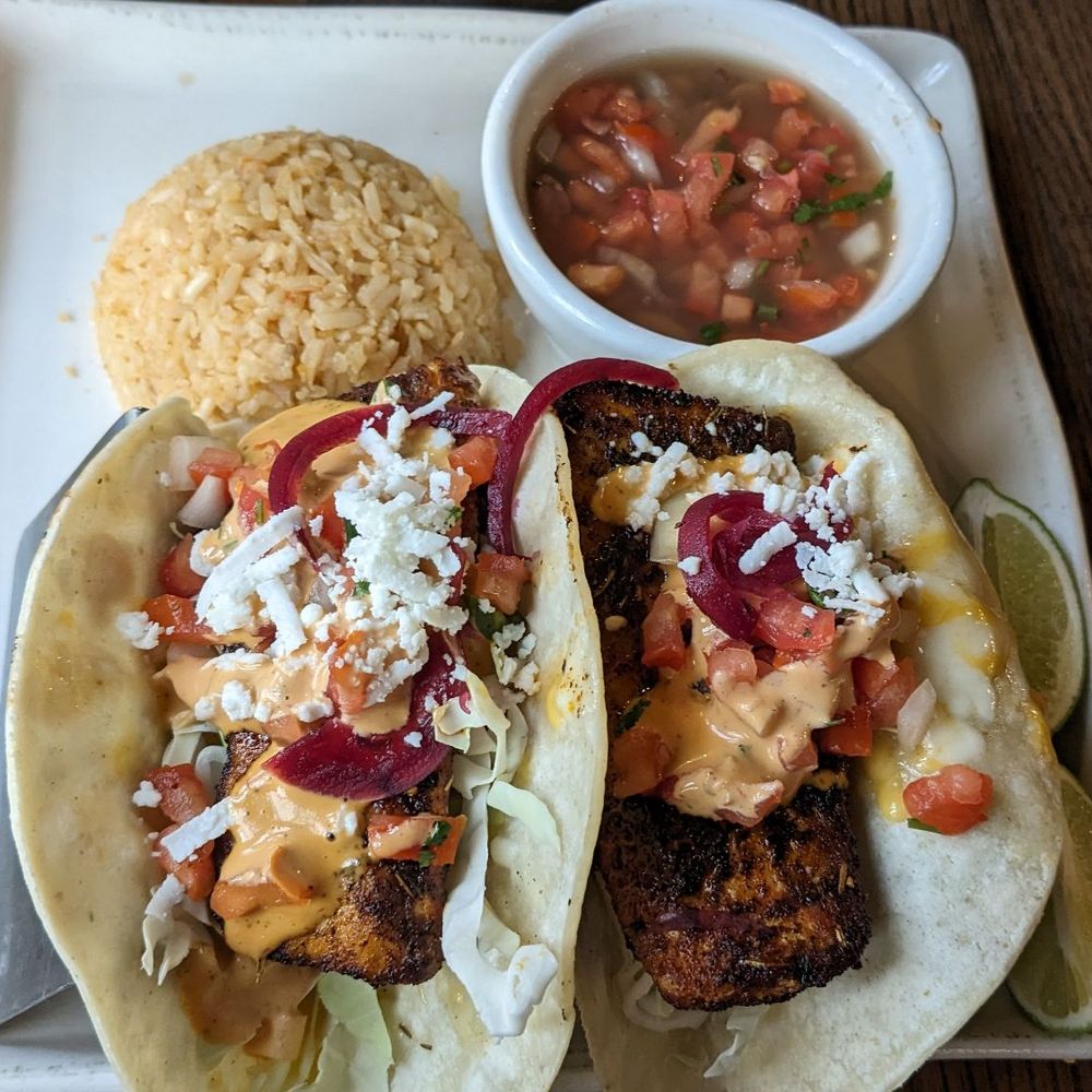 El Adobe - Blackened fish tacos with Spanish rice in chicken broth and charro beans - Latin American Near Me - San Juan Capistrano, California El Adobe - Blackened fish tacos with Spanish rice in chicken broth and charro beans - Latin American Near Me - San Juan Capistrano, California
