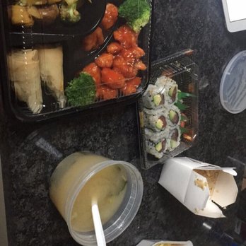 Miyabi Sushi - Bento Box: Spring rolls, Sushi, sesame chicken, hibachi steak, fried rice Miso soup  Salad Tuna avocado roll Crab Rangoon - Sushi Bars Near Me - Richmond, Virginia