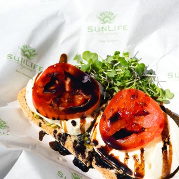 Sunlife Organics - Caprese Toast
Toasted gluten-free bread, Mozzarella, Heirloom Tomato, Pesto, olive oil, balsamic glaze. - Juice Bars & Smoothies Near Me - Sag Harbor, New York Sunlife Organics - Caprese Toast
Toasted gluten-free bread, Mozzarella, Heirloom Tomato, Pesto, olive oil, balsamic glaze. - Juice Bars & Smoothies Near Me - Sag Harbor, New York