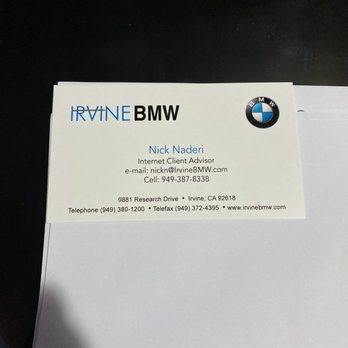 Irvine BMW - Nick Naderi, highly recommend working with him if you want to feel comfortable in purchasing a vehicle. - Car Dealers Near Me - Irvine, California Irvine BMW - Nick Naderi, highly recommend working with him if you want to feel comfortable in purchasing a vehicle. - Car Dealers Near Me - Irvine, California
