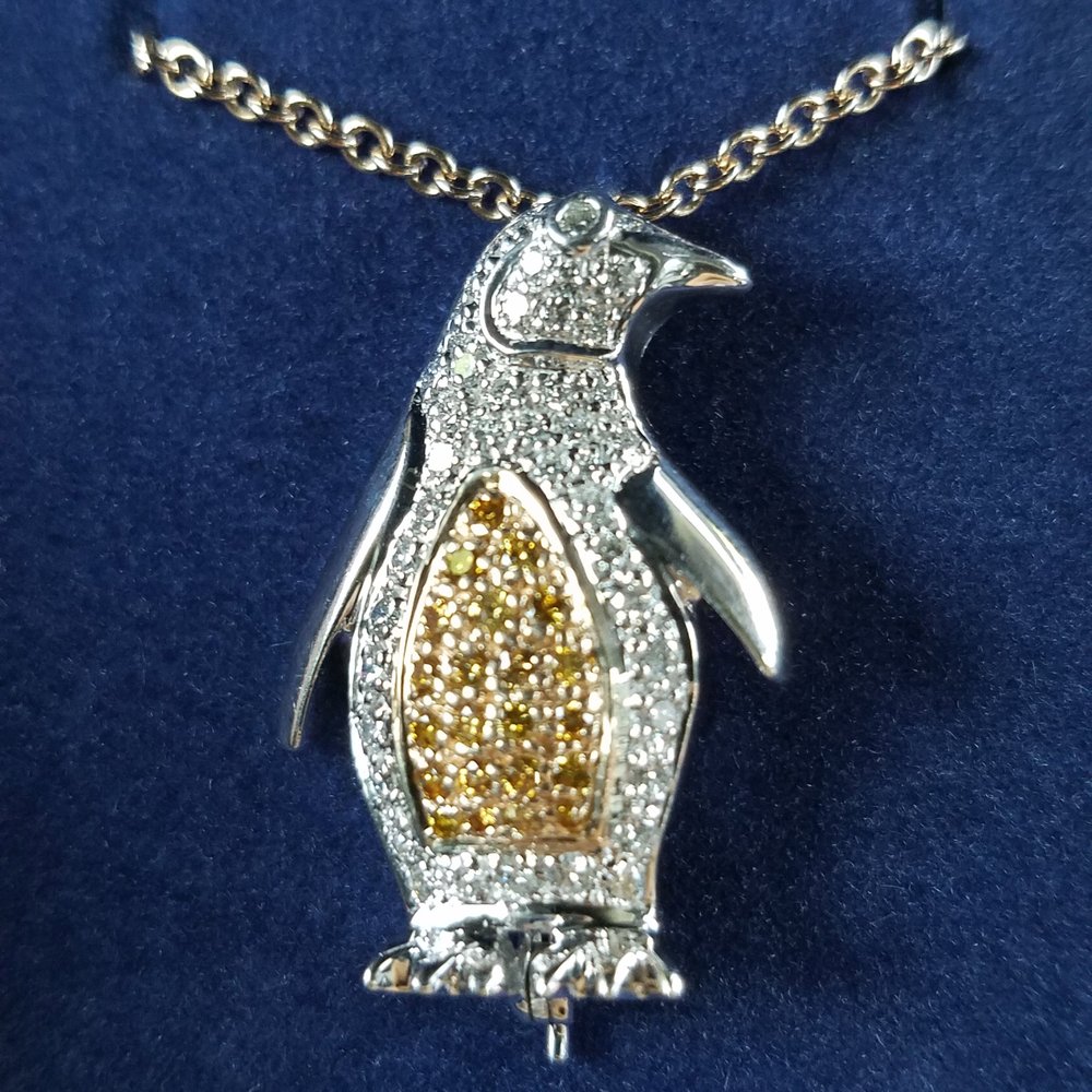 Ben Gioielli & Co - 14K White Gold Penguin with White and Yellow Diamonds on a Rose Gold Chain. - Jewelry Near Me - Las Vegas, Nevada