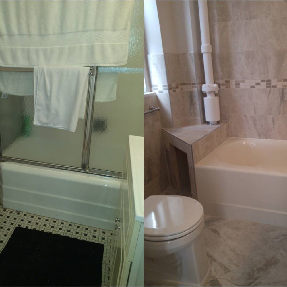 Douglas Gibson Interior Renovations - Bathroom before (left) and after (right) - General Contractors Near Me