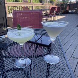 Spicy cucumber gimlet on left and The California martini (with grape pucker!) on the right