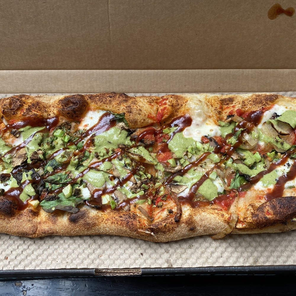 &pizza - Custom: onions, spinach, mushrooms, tomato sauce, bbq sauce, basil pesto drizzle - Pizza Near Me - Philadelphia, Pennsylvania