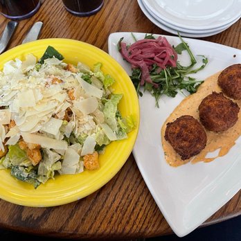 Rick's Café Boatyard - Caesar salad and crab cake hush puppies - American Near Me - Indianapolis, Indiana Rick's Café Boatyard - Caesar salad and crab cake hush puppies - American Near Me - Indianapolis, Indiana