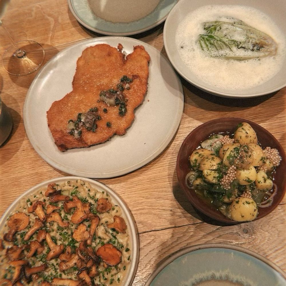 Barr - Schnitzel (comes with potato salad and brown butter sauce), mushroom spaetzle, brown crab with roasted romaine lettuce - Modern European Near Me - København Barr - Schnitzel (comes with potato salad and brown butter sauce), mushroom spaetzle, brown crab with roasted romaine lettuce - Modern European Near Me - København