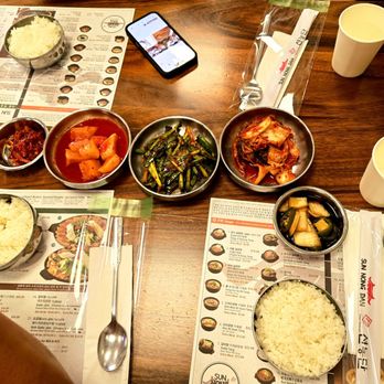 Sun Nong Dan - Side Dishes : Radish Kimchi, Green Onion, Kimchi, Jalapeño and Onion Dipping Sauce, & White Rice - Korean Near Me - Los Angeles, California Sun Nong Dan - Side Dishes : Radish Kimchi, Green Onion, Kimchi, Jalapeño and Onion Dipping Sauce, & White Rice - Korean Near Me - Los Angeles, California