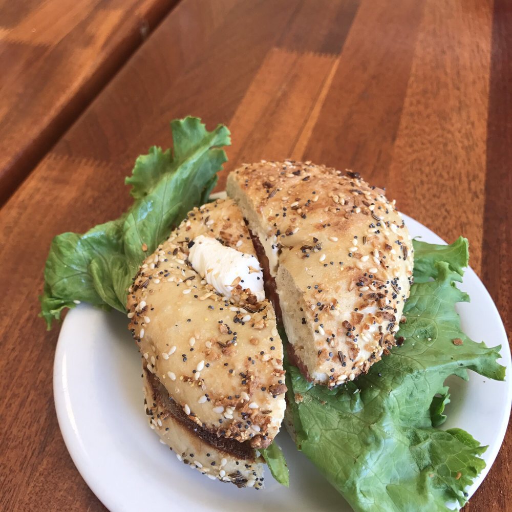Yali's Oxford Street Cafe - Everything bagel with cream cheese, onion, tomato, and lettuce. - Cafes Near Me - Berkeley, California Yali's Oxford Street Cafe - Everything bagel with cream cheese, onion, tomato, and lettuce. - Cafes Near Me - Berkeley, California