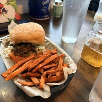 JD's Hamburgers - JASIE & JOE - sautéed mushrooms, caramelized onions and swiss cheese with sweet potato fries. - Burgers Near Me - Fort Worth, Texas JD's Hamburgers - JASIE & JOE - sautéed mushrooms, caramelized onions and swiss cheese with sweet potato fries. - Burgers Near Me - Fort Worth, Texas