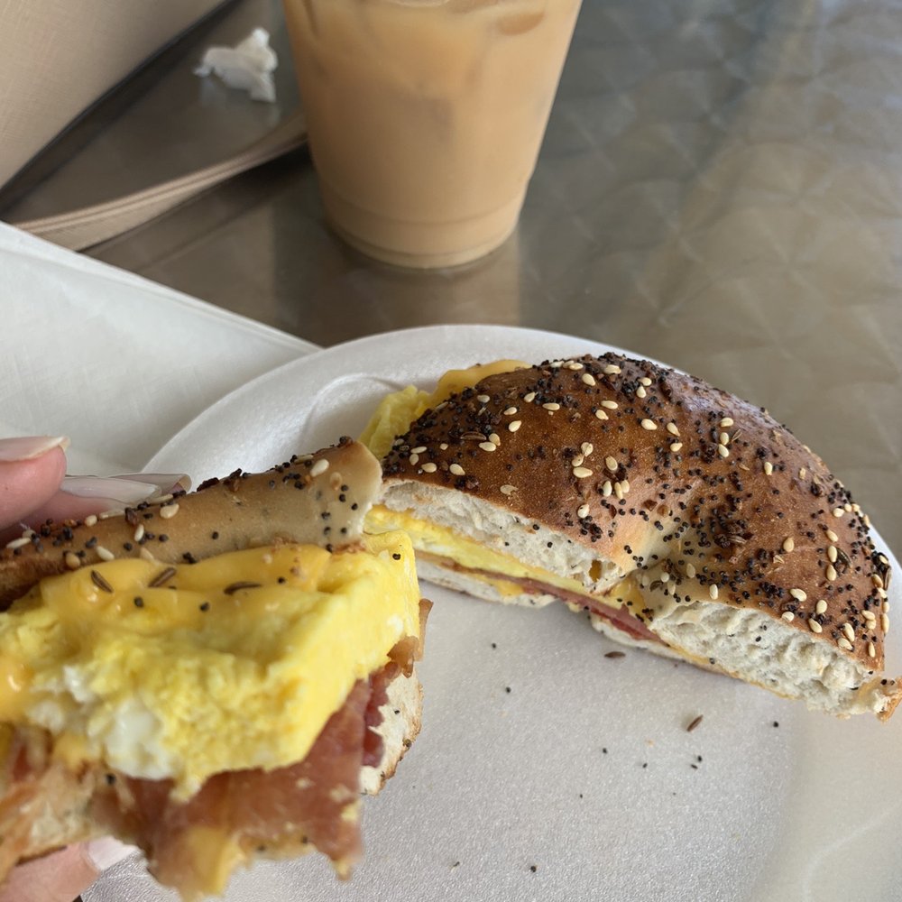 Bacon, egg and cheese on an everything bagel Bacon, egg and cheese on an everything bagel