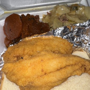 Pick Up N Go - fried fish dinner w/ sweet potatoes and cabbage - Cajun/Creole Near Me - Waterloo, Iowa