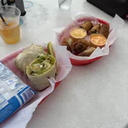 Boozy Egg - Chicken Caesar wrap and cheeseburger spring rolls