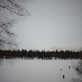 Byers Lake Cabin #2 - next day's users coming across frozen Beyers Lake - Vacation Rentals Near Me - Trapper Creek, Alaska Byers Lake Cabin #2 - next day's users coming across frozen Beyers Lake - Vacation Rentals Near Me - Trapper Creek, Alaska