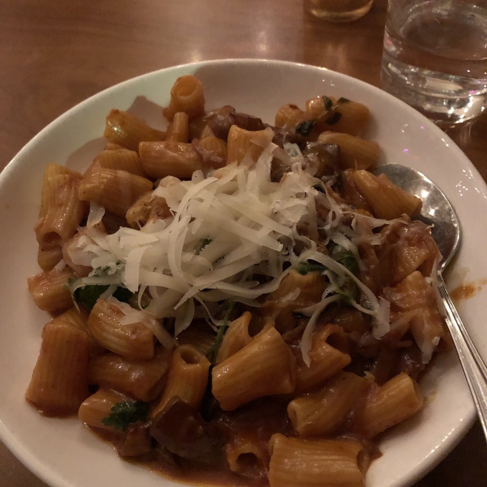 Capers + Olives - Rigatoni with tomato and guanciale - Italian Near Me - Everett, Washington