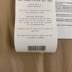 Yankee Candle Company - Receipt to show Jenny was the associate that I encountered
