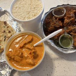 Taste of India York - Garlic naan, butter chicken, basmati rice and vegetable pakoras!