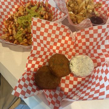 Boil Daddy - (Top Left) Loaded Bayou Fries, (middle) Krabby Patties, (top right) Cream Cheese Rangoon. - Cajun/Creole Near Me - Garden Grove, California Boil Daddy - (Top Left) Loaded Bayou Fries, (middle) Krabby Patties, (top right) Cream Cheese Rangoon. - Cajun/Creole Near Me - Garden Grove, California