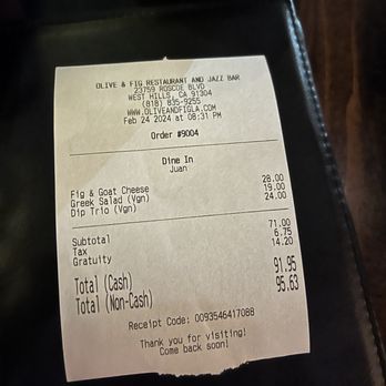 Olive & Fig Venue - Receipt - Mediterranean Near Me - Canoga Park, California Olive & Fig Venue - Receipt - Mediterranean Near Me - Canoga Park, California