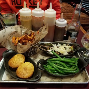 Red Rock Downtown BBQ - Sweet potato fries, corn muffins, Brussel sprouts and green beans - Barbeque Near Me - Ypsilanti, Michigan Red Rock Downtown BBQ - Sweet potato fries, corn muffins, Brussel sprouts and green beans - Barbeque Near Me - Ypsilanti, Michigan