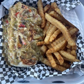 303 In The Cut - The Green Chili Burrito with sauce on top (smothered) & fries - Desserts Near Me - Las Vegas, Nevada