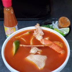 Antojos El Korita - Caldo de 3 mares (Seafood soup: shrimp, fish, and crab legs cooked in a seafood broth) served with fresh made tortillas or toasted bolillo.
